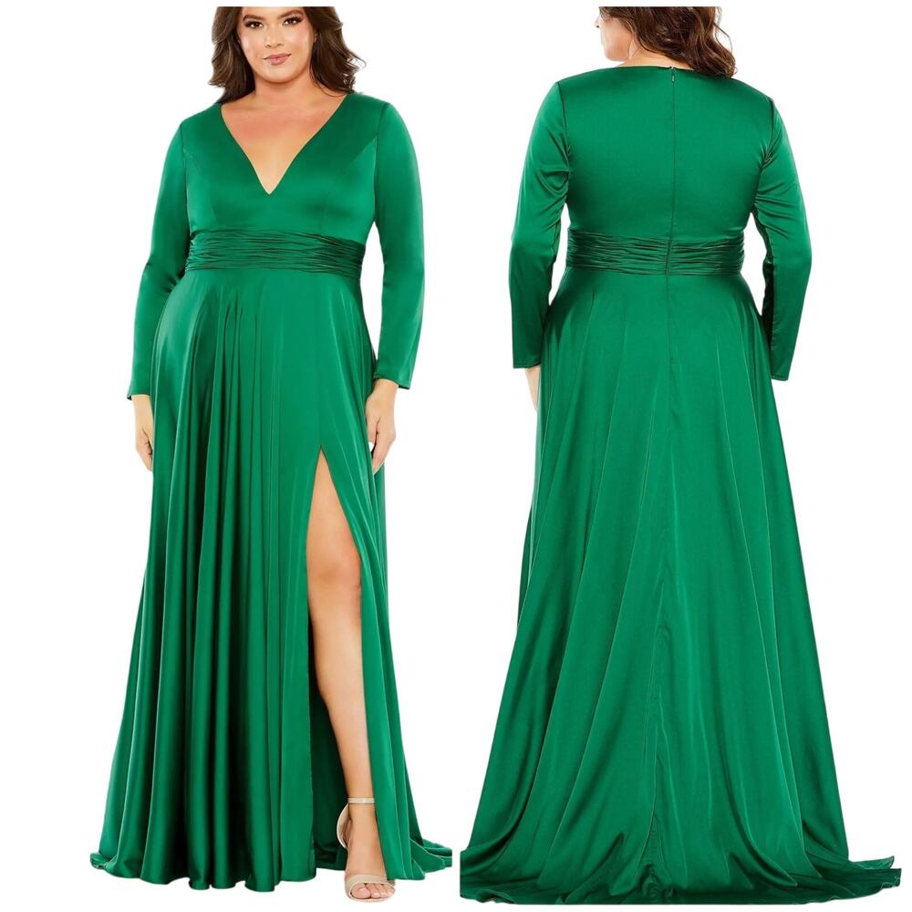 Mac Duggal NWT Satin Long Sleeve V Neck A Line Gown Side Slit Size 24W Green